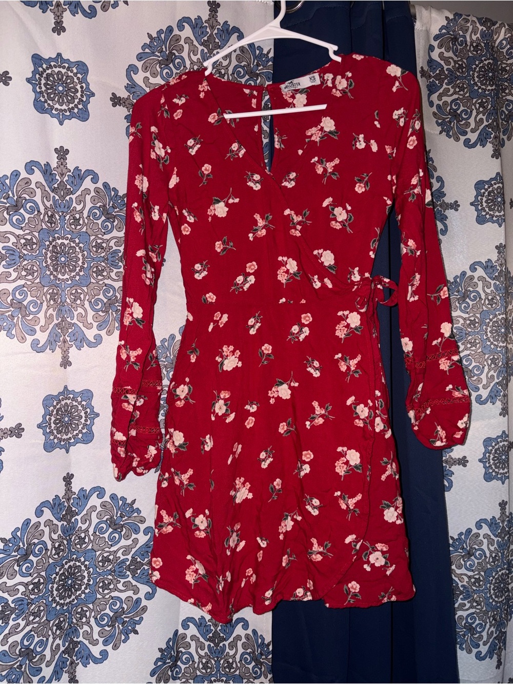 Red Floral Long-Sleeve Wrap Dress